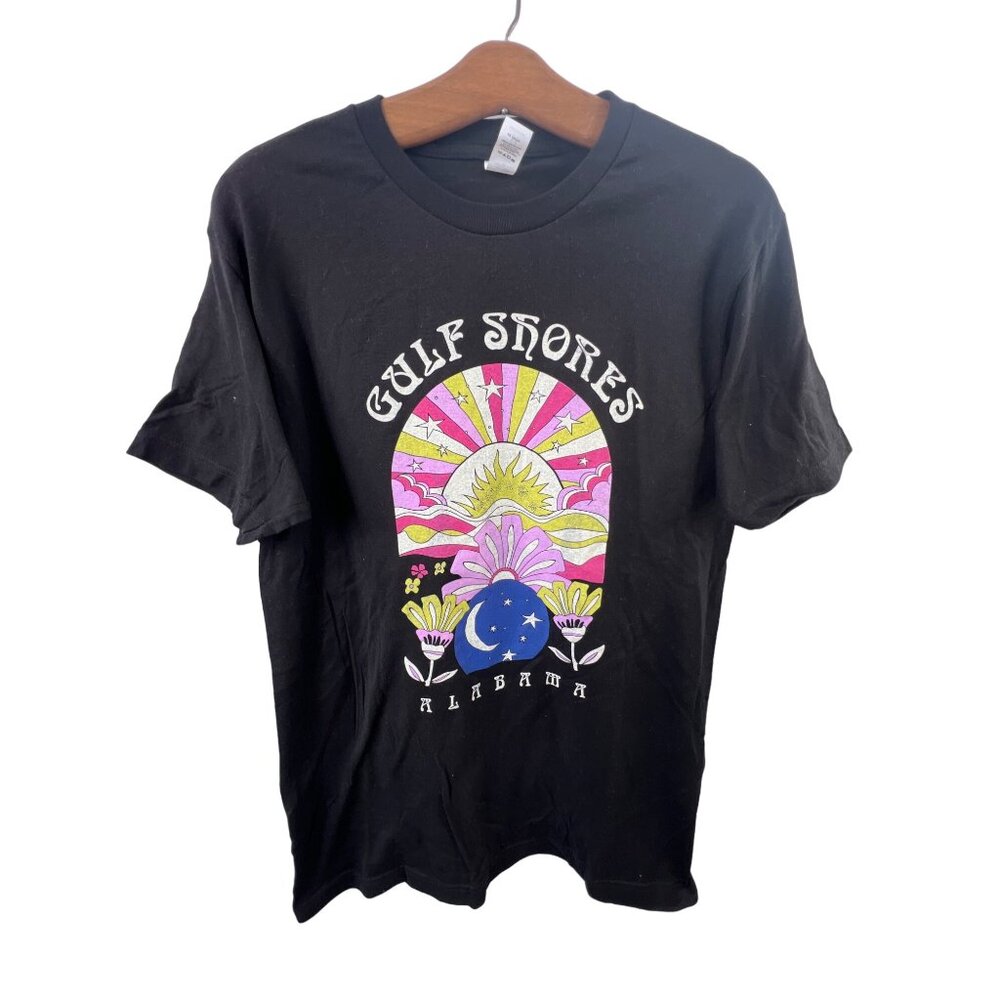 Graphic Tee Gulf Shores Alabama Size Medium Black Cotton Sun Moon Floral Design